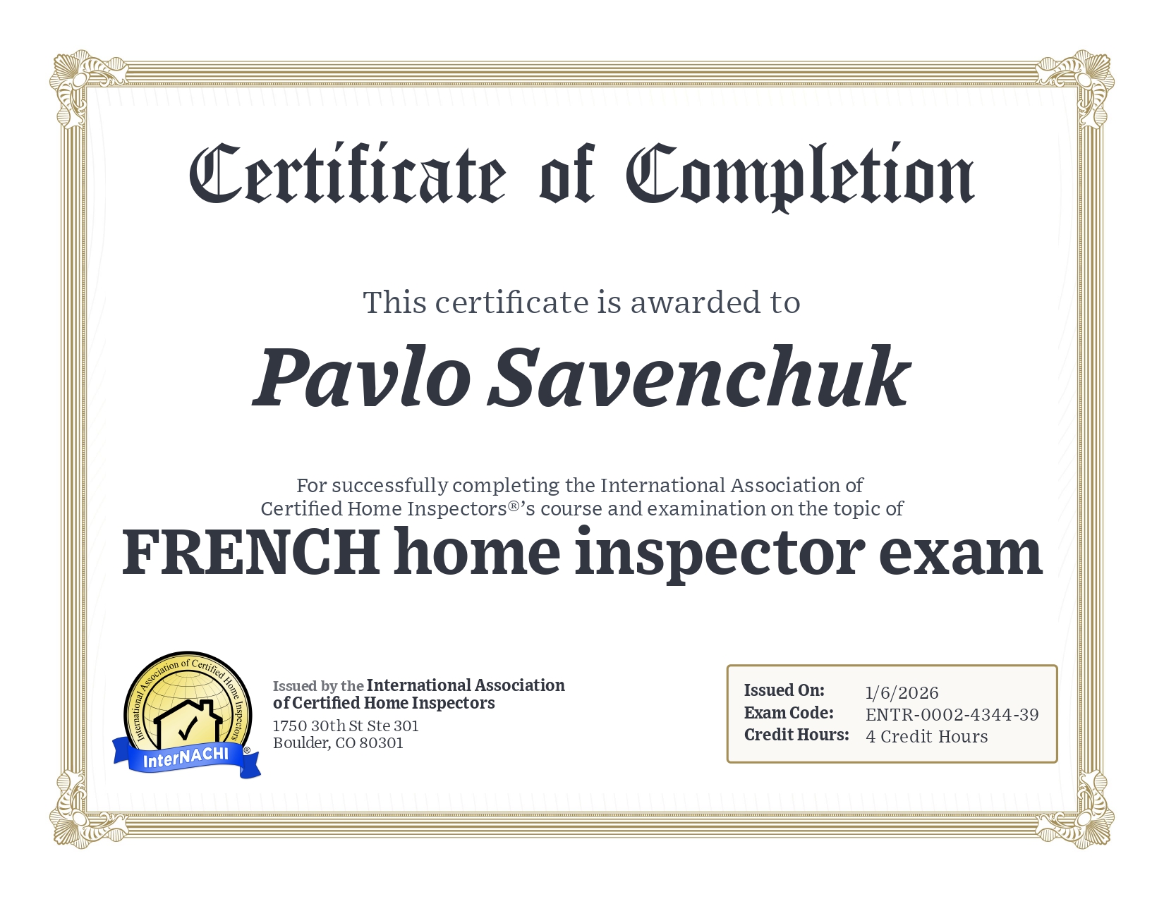 Certificate: French home inspector exam