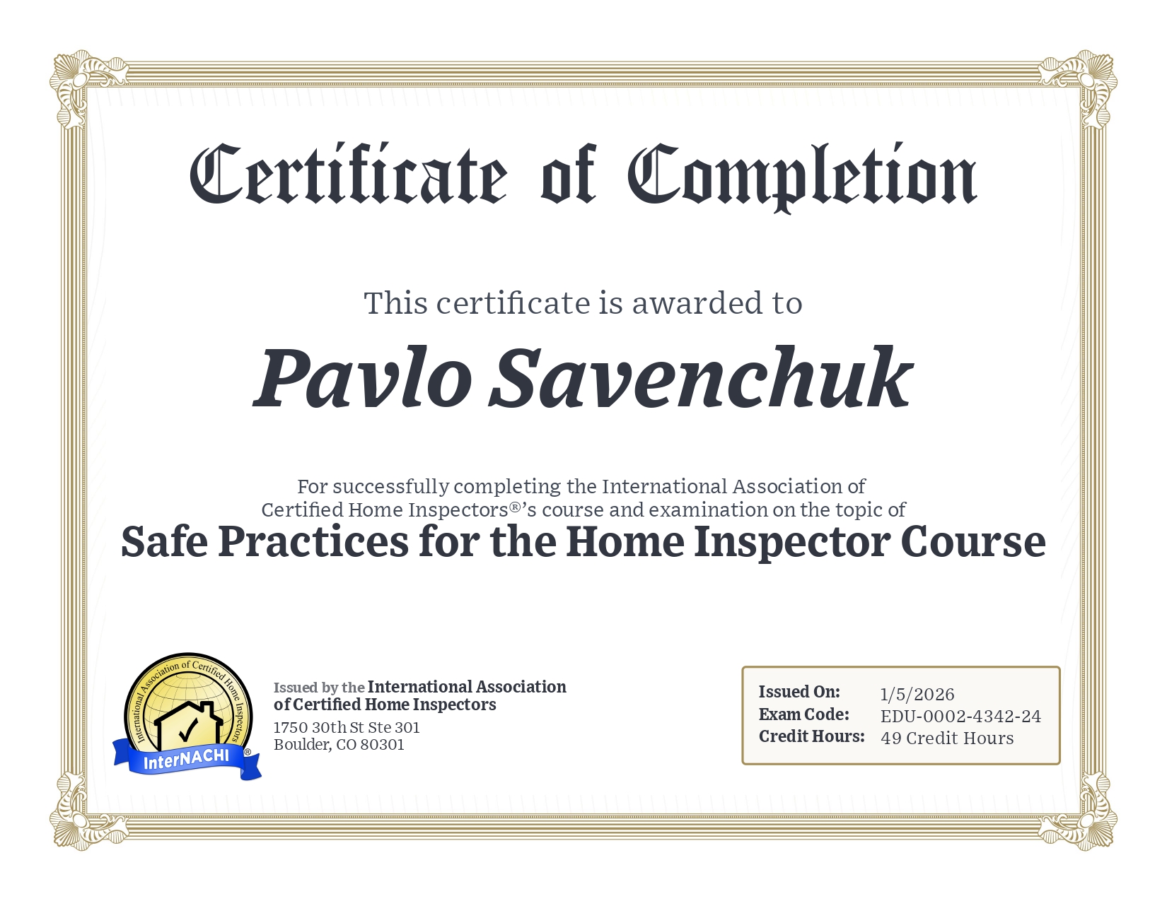 Certificate: Safe Practices for the Home Inspector Course